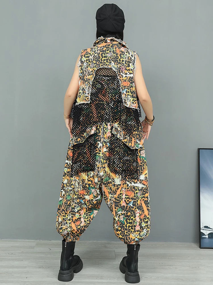 XITAO Patchwork Mesh Pocket Lapel Two Piece Jumpsuit Women Casual Loose Fitting Sleeveless Top Personality Summer GYX1611