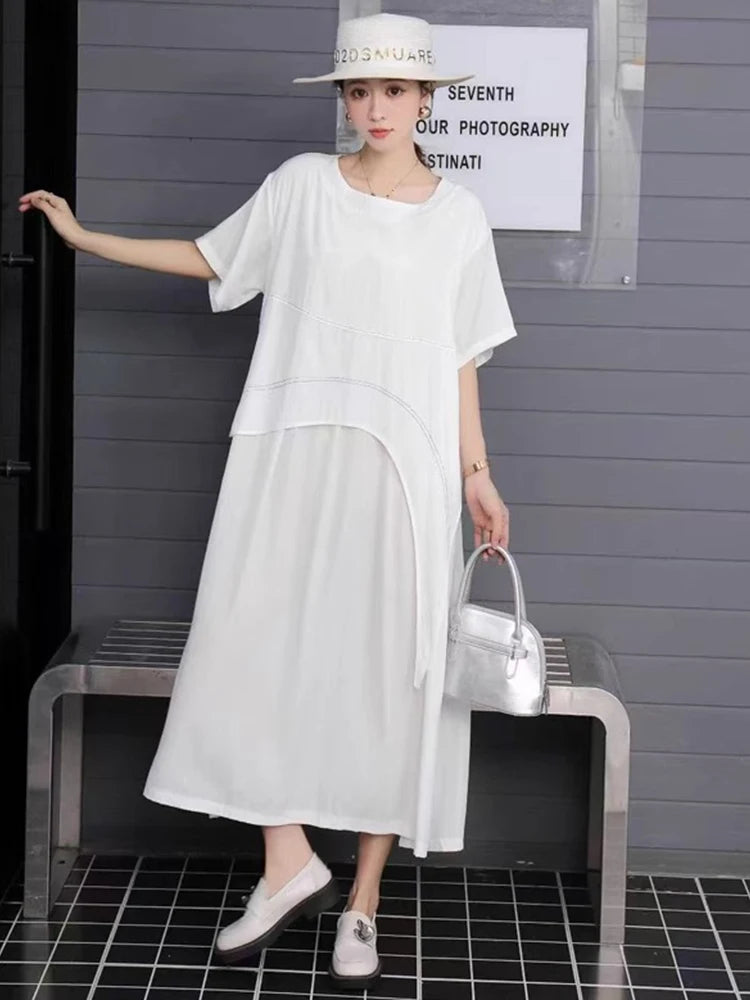 XITAO A-line O-neck Vintage Dress Solid Color Patchwork Short Sleeve All-match Pullover Personality Summer Woman Dress ZMY1380