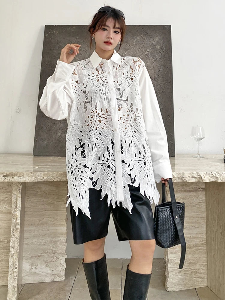 XITAO Irregular Patchwork Hollow Out Shirt Loose Asymmetric Long Sleeve Turn-down Collar Women Slimming Temperament Top GYX1613