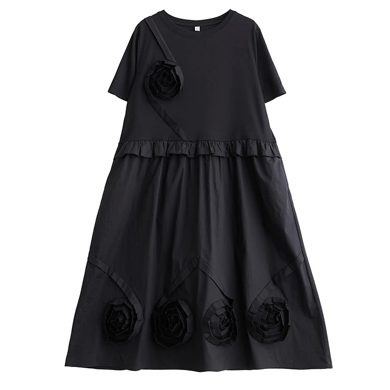 XITAO Three-dimensional Decoration Flounced Edge Dresses Solid Color O-neck Pullover Short Sleeve Dress 2024 Summer New ZY8668