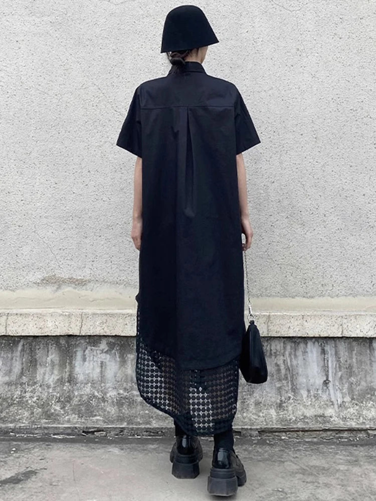 XITAO Pocket Bandage Irregular Female Dress Patchwork Hollow Out Solid Color Loose Slimming Summer Woman Shirt Dress ZMY1237