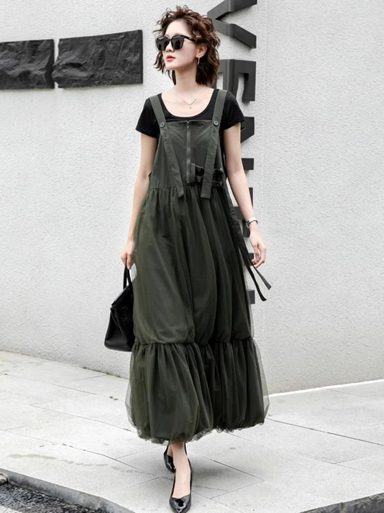 XITAO Gauze Pleated Bandage Strap Dress Sleeveless Solid Color Loose Casual Patchwork Personality Summer Woman Dress HQQ2497