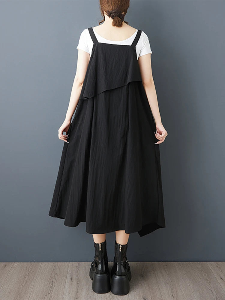 XITAO Asymmetrical Spaghetti Strap Sleeveless Dress Solid Color Pocket Patchwork Square Collar A-line Slim Women Dress ZMY1286