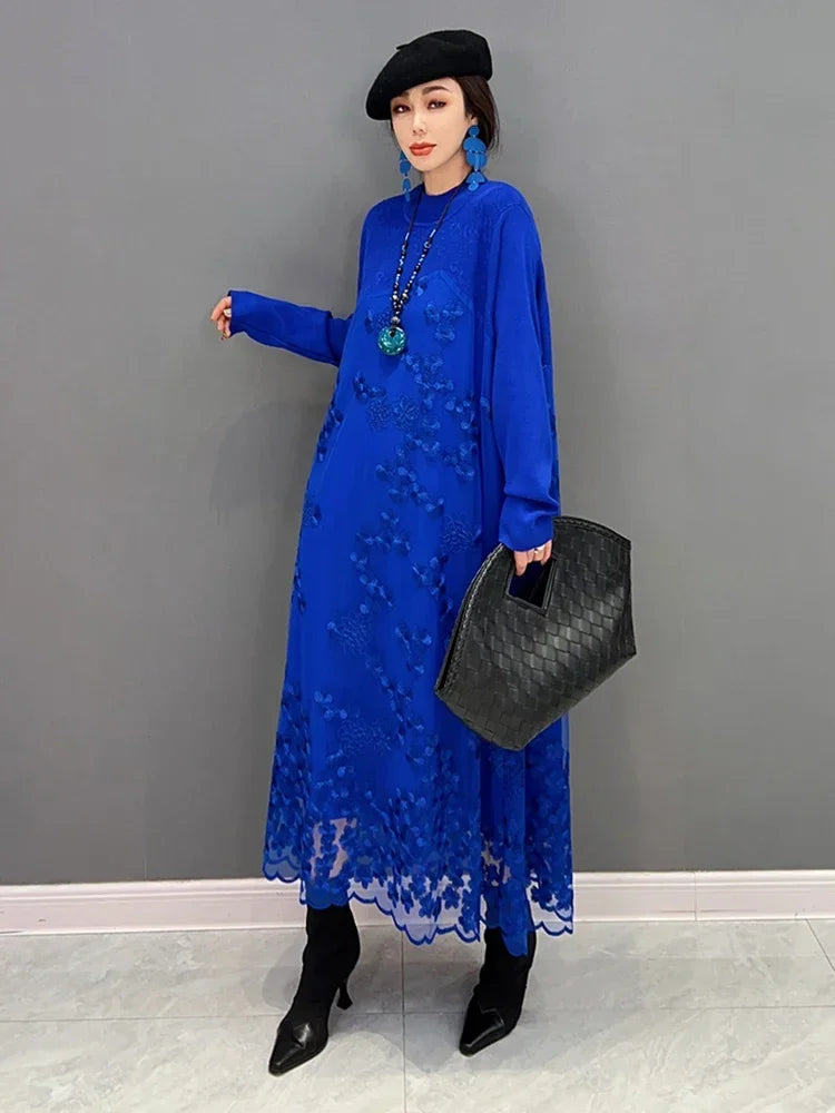 XITAO Solid Patchwork Casual Knitted Dress Winter New Personality Fashion Loose Stand Collar Full Sleeve Sweater Dress SMH1076