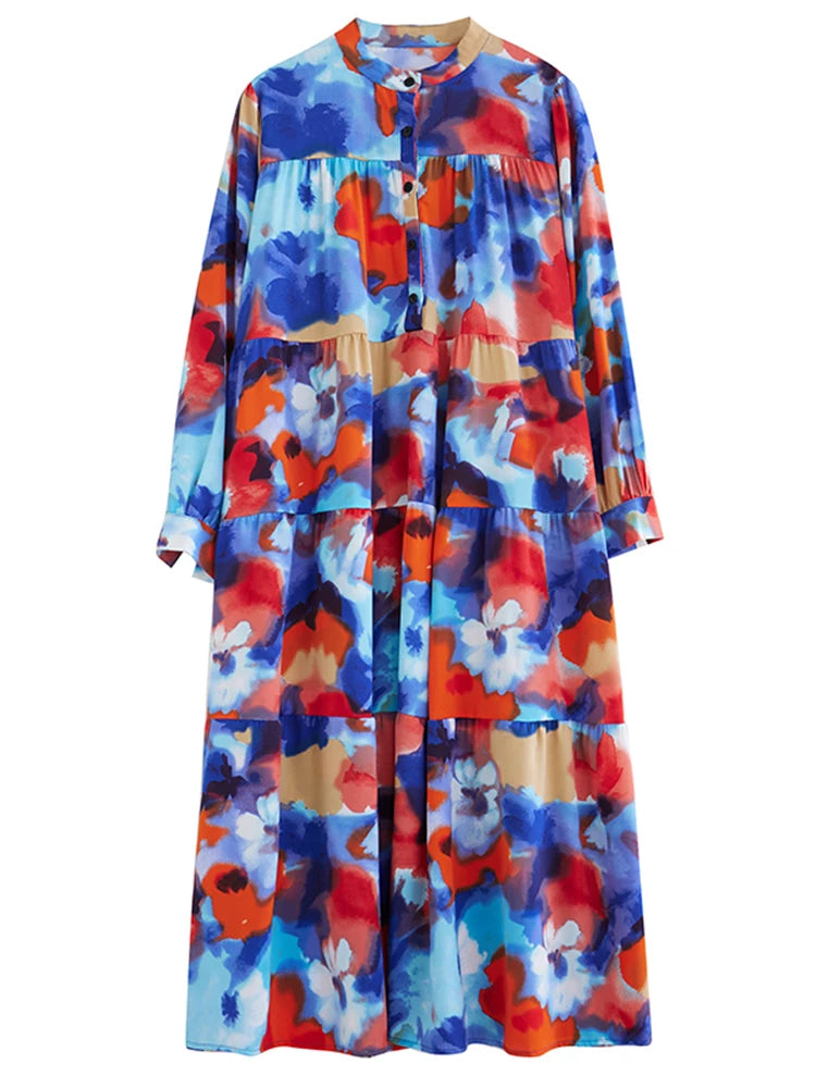 XITAO Vintage Loose Print Dress Casual All-match Contrast Color Women Spring New Trend Long Sleeve Stand Collar Dress DMJ4069