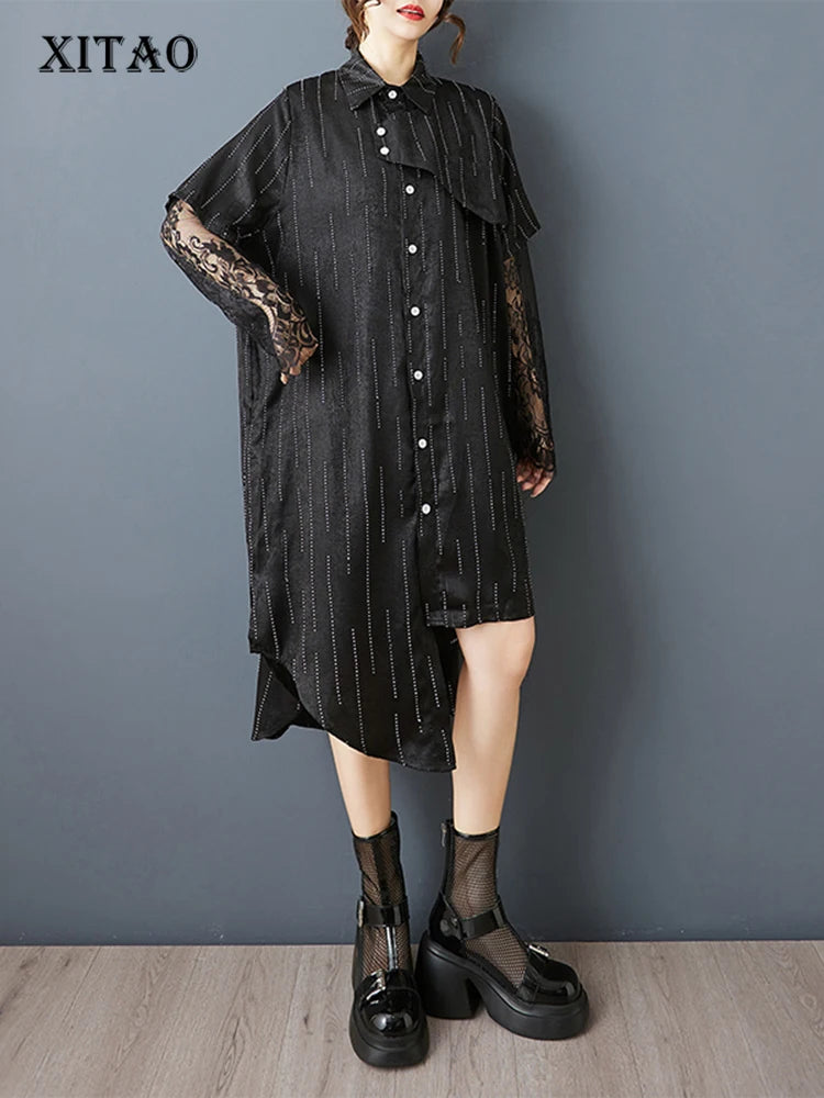 XITAO Lace Patchwork Asymmetrical Dress Single Breasted Turn-down Collar Long Sleeve Side Split Casual Temperament Dress ZMY1322