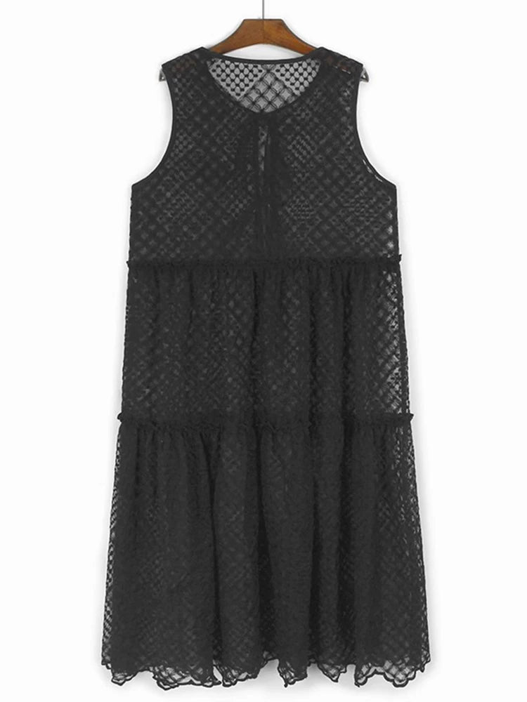 XITAO Hollow Out Laced Up O-neck Dress Solid Color Sleeveless A-line Fashion Match Slimming Sweet Summer Female Dress ZMY1333