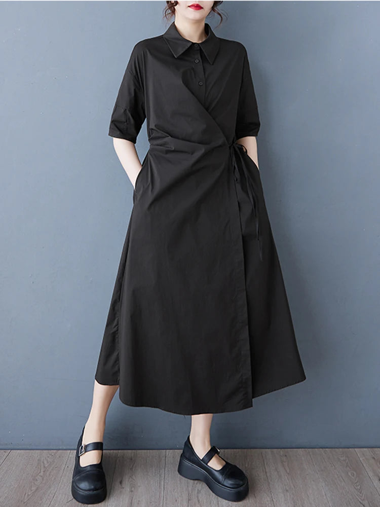 XITAO Loose Folds Vintage Shirt Dress Casual Patchwork Solid Color Temperament Slimming Women Simple Sweet Dress ZMY1068