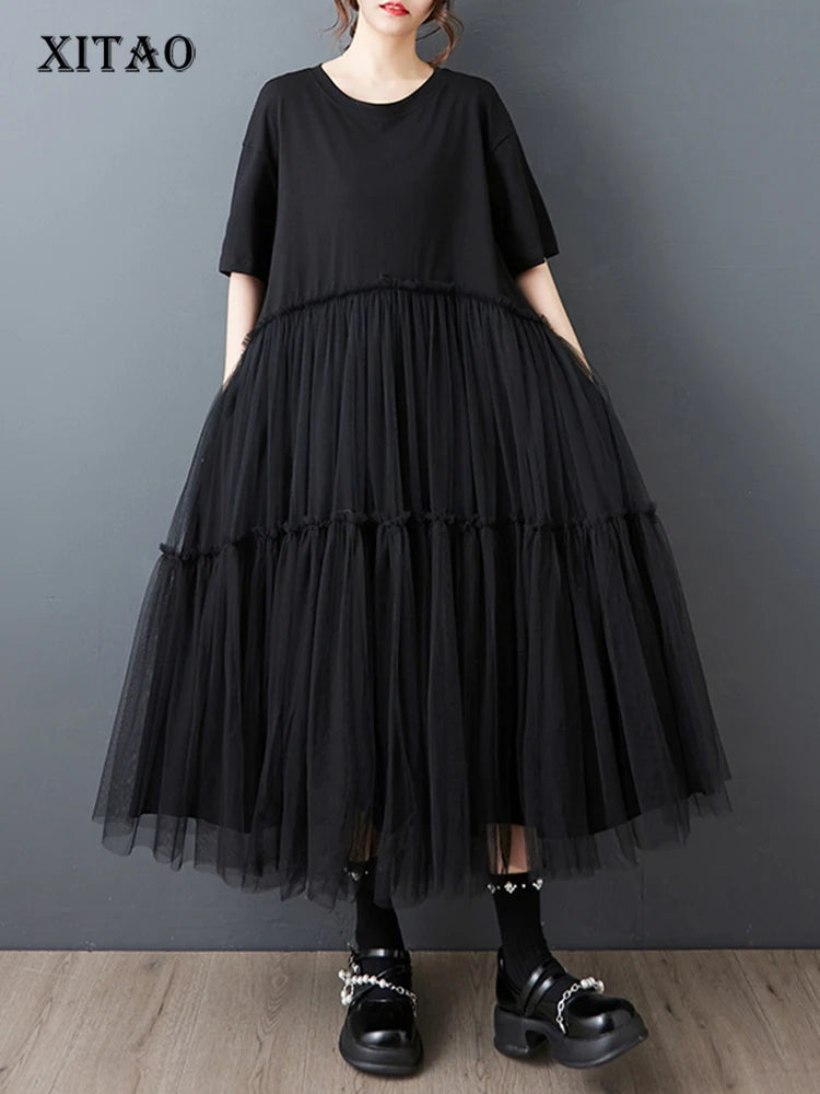 XITAO Gauze Patchwork Pocket Pullover Dress O-neck Short Sleeve Solid Color Loose Temperament Slim Casual All Match Dress ZMY1168