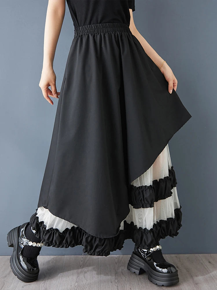 XITAO Irregular Mesh Patchwork Skirt Loose Asymmetric Contrast Color Women Casual All-match Elastic Waist Simple Skirt HQQ2436