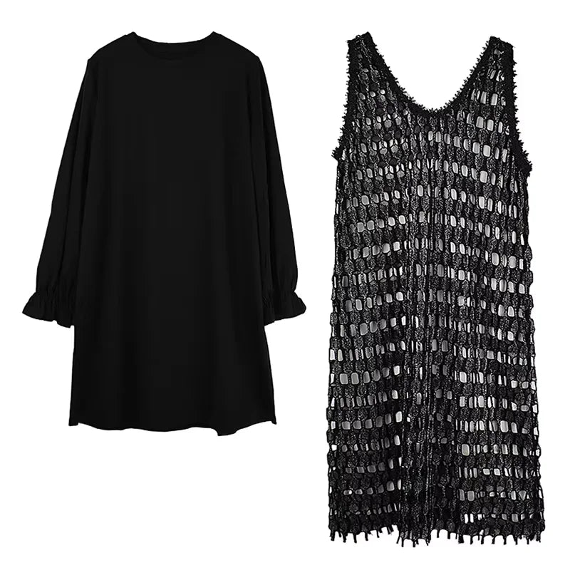XITAO Hollow Out Full Sleeve Female Dress Casual Loose Fitting Two Pieces O-neck Pullover New Arrival Spring Women Dress ZMY1185