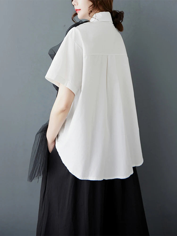 XITAO Patchwork Mesh Turn-down Collar Shirt Casual Solid Color Loose Fitting Vintage Slimming Summer Women Blouse GYX1536