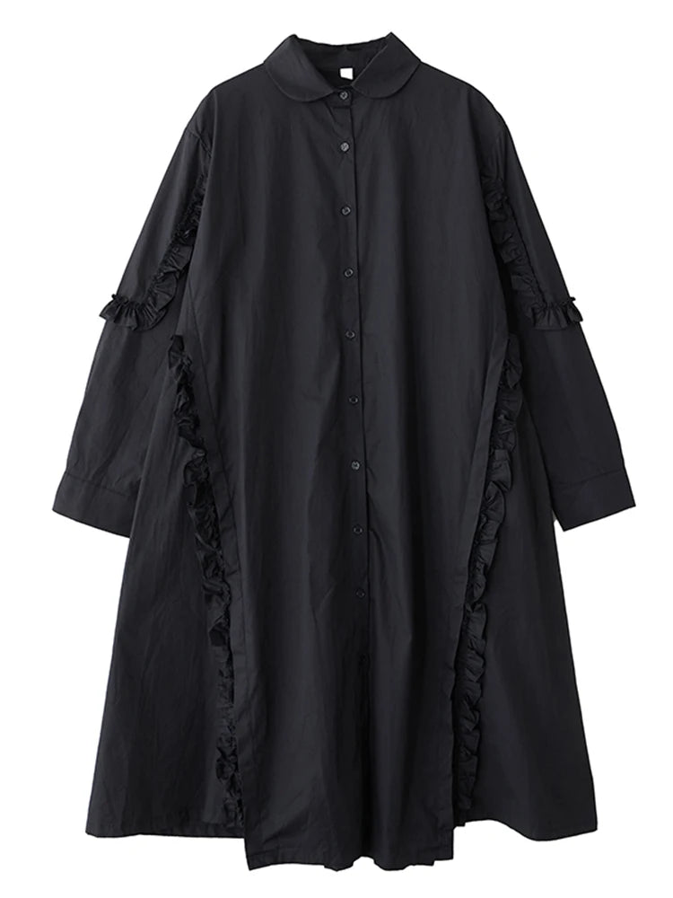 XITAO Edible Tree Fungus Patchwork Asymmetrical Dress Solid Color Single Breasted Turn-down Collar Loose Shirt Dress GYX1513