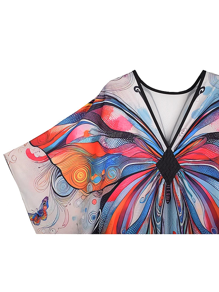 XITAO V-neck Ankle-length Dress New Arrival Contrast Color Butterfly Print Side Slit Bat Wing Sleeve Summer Woman Dress GJ1169