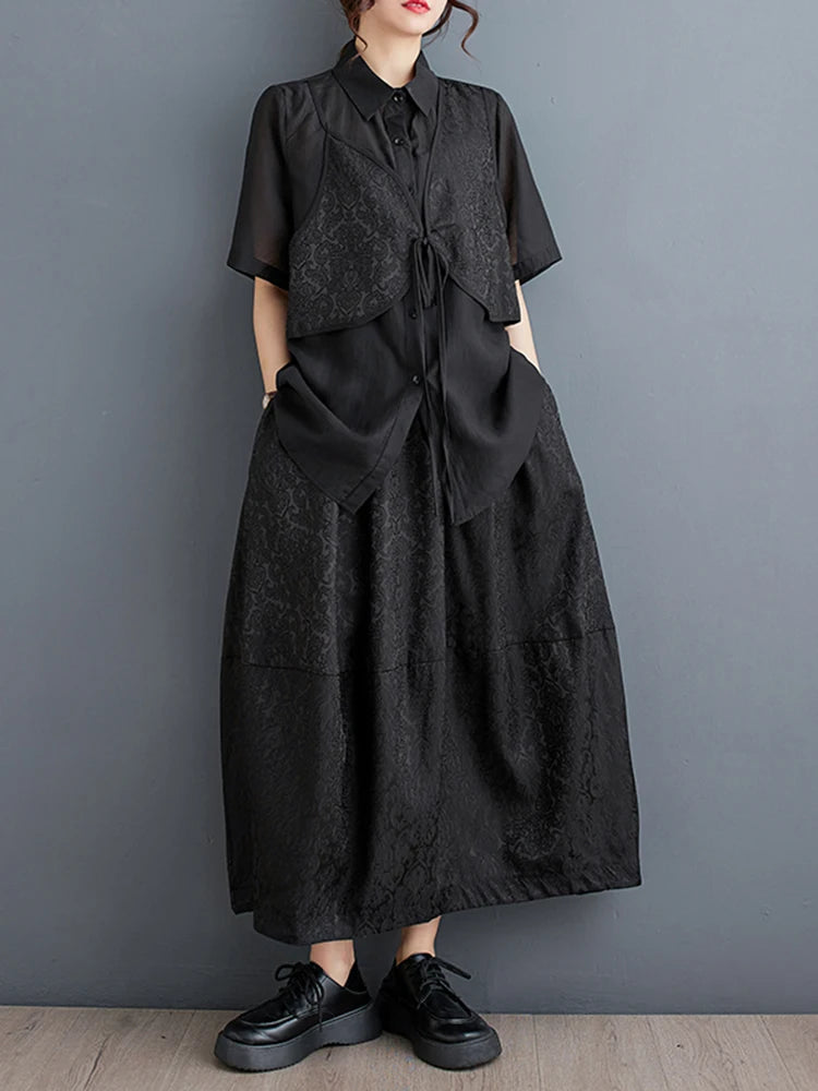 XITAO Patchwork Loose Drawstring Sets Solid Color Turn-down Collar Short Sleeve Elastic Waist Temperament Woman Sets ZMY1274