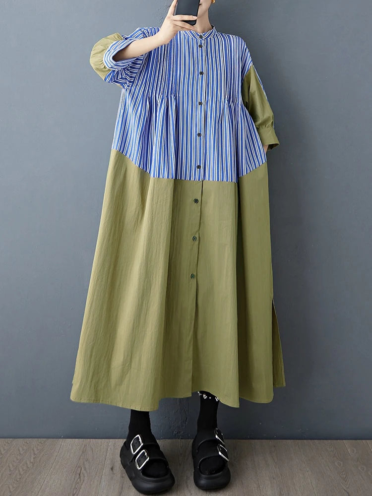 XITAO Contrast Color Striped Casual Dress Patchwork Single Breasted Stand Collar Vintage Side Slit Summer Woman Dress ZMY1365