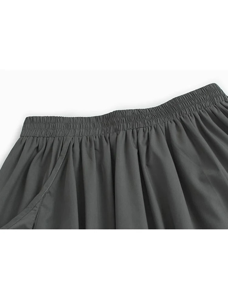 XITAO Casual Big Pocket Folds Skirt Solid Color Simple A-line Patchwork Women Loose All-match Trend Elastic Waist Skirt ZMY1166