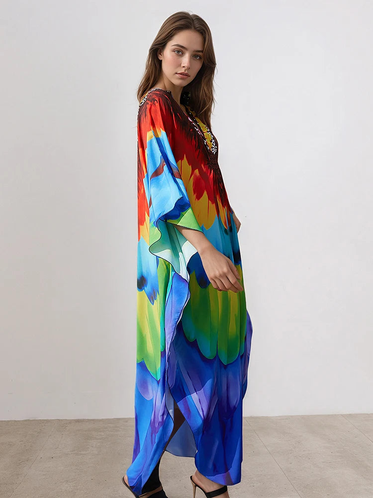 XITAO V-neck Patchwork Printing Dress Summer Thin Female Bat Sleeve Pullover Casual Polyester Women Personality Dress GJ1212