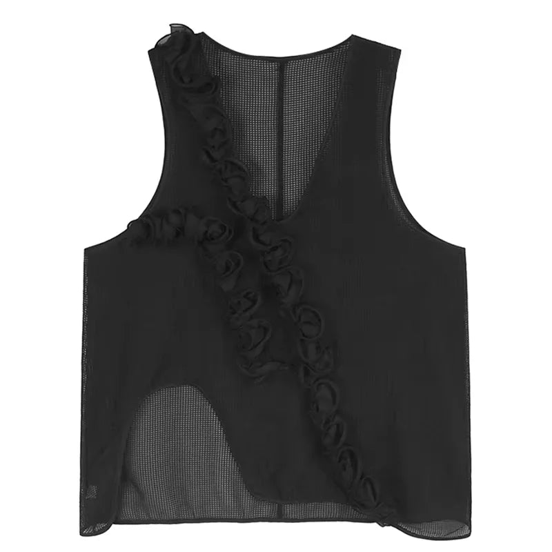XITAO Three-dimensional Decoration Patchwork Vest Solid Color Asymmetrical V-neck Loose Pullover Temperament Top ZMY1179