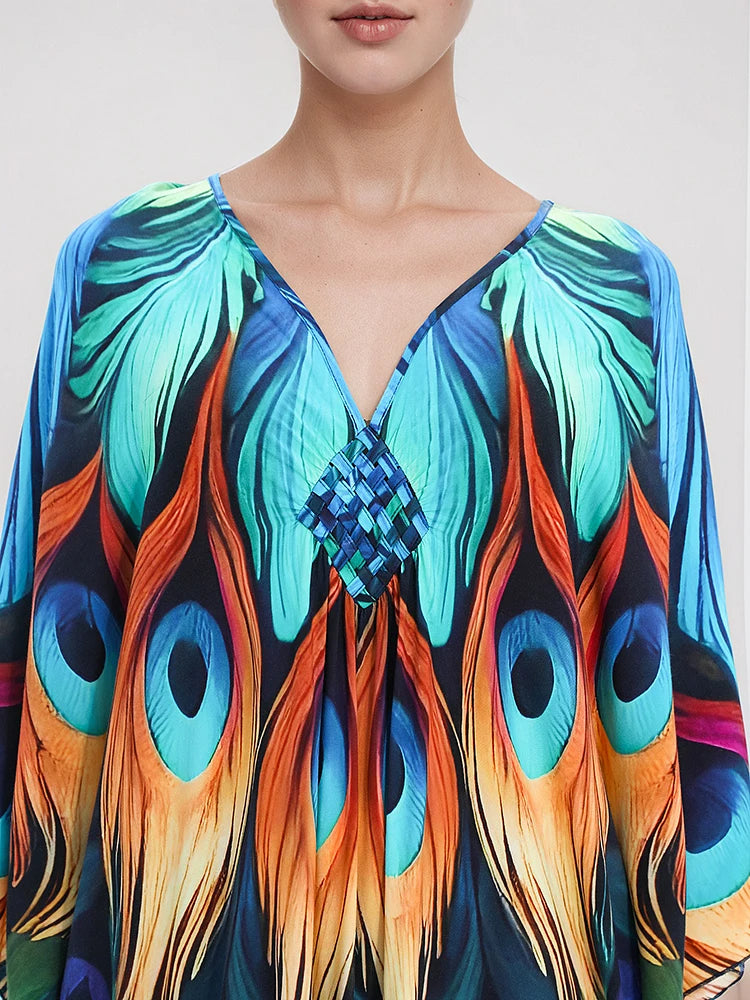 XITAO Print Vintage V-neck Dress Temperament Pullover Loose Side Slit Bat Wing Sleeve Summer Woman Ankle-length Dress GJ1205