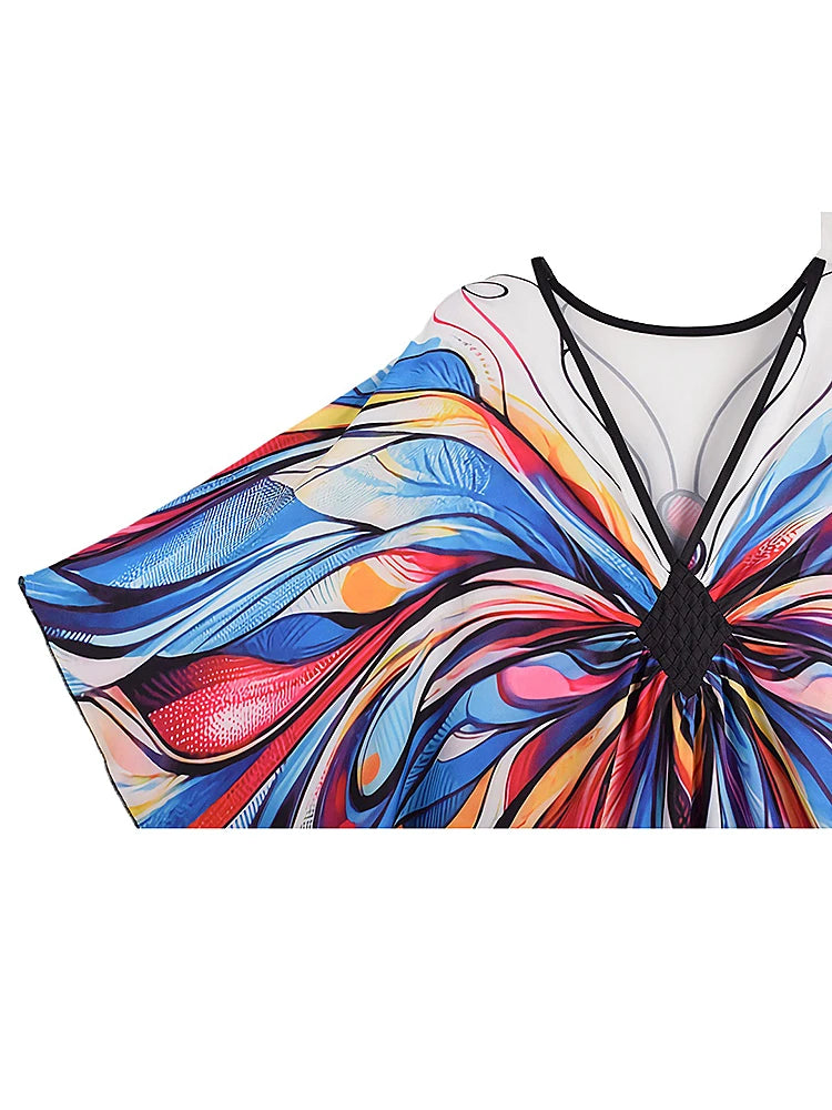 XITAO Contrast Color Print Dress Pullover V-neck Loose Personality Slimming Side Slit Bat Wing Sleeve Summer Woman Dress GJ1155