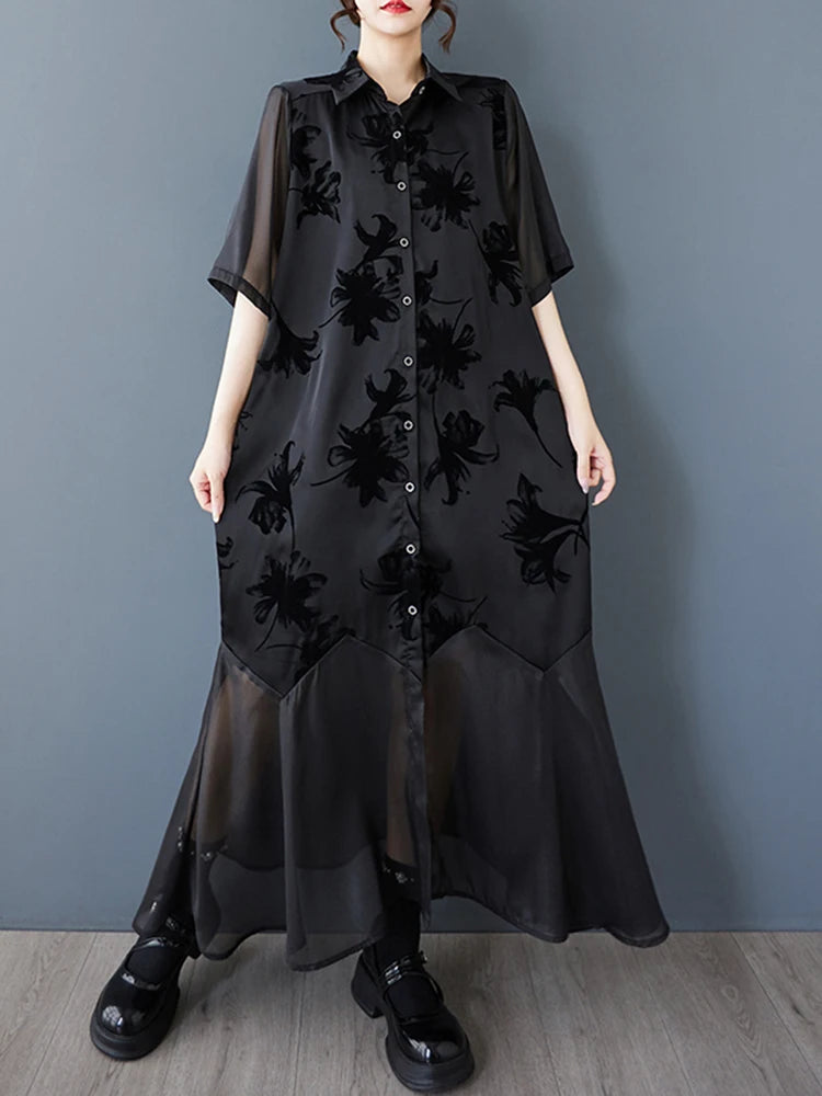 XITAO Gauze Loose Patchwork Female Dress Print Vintage Single Breasted All-match Half Sleeve Summer Woman Shirt Dress ZMY1242