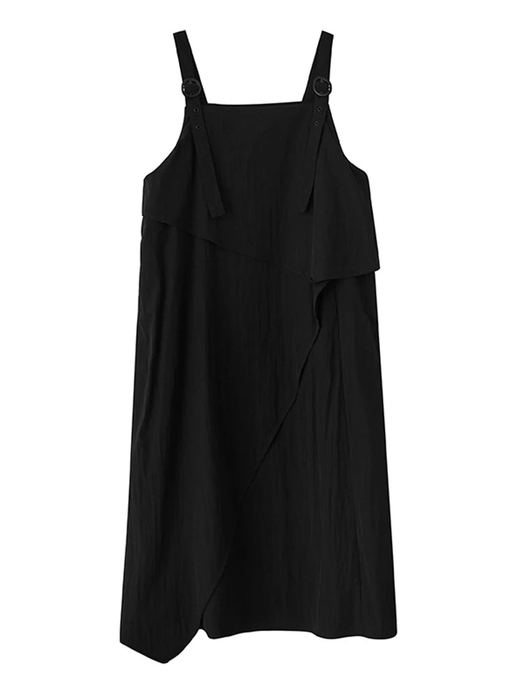 XITAO Asymmetrical Spaghetti Strap Sleeveless Dress Solid Color Pocket Patchwork Square Collar A-line Slim Women Dress ZMY1286