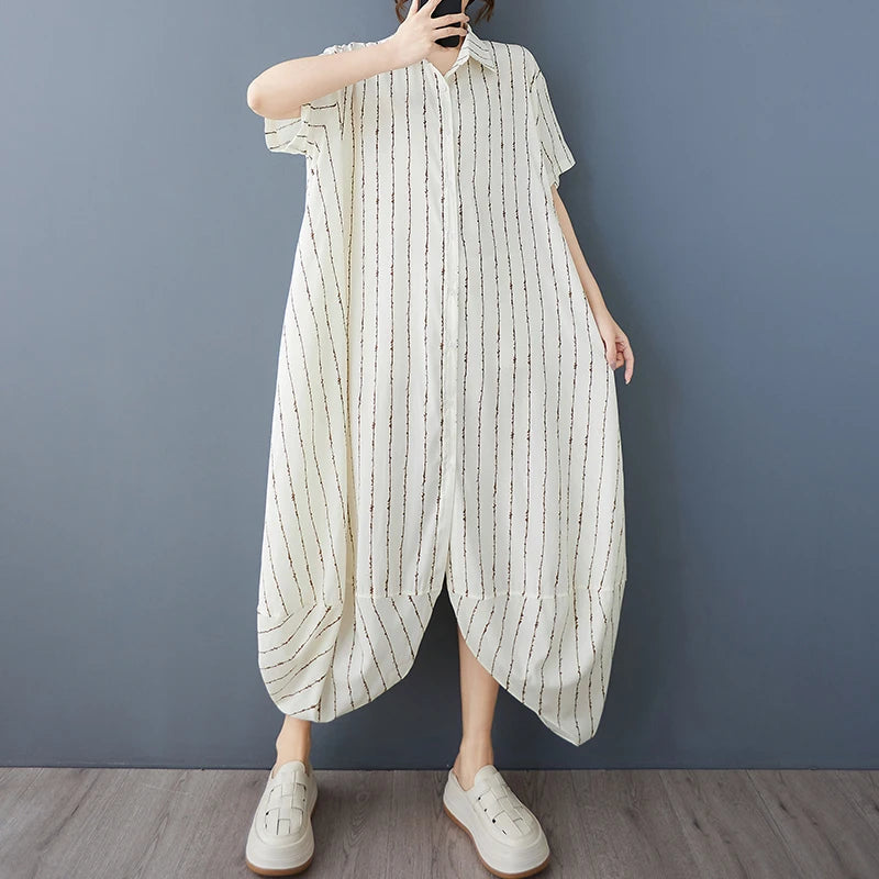 XITAO Loose Irregular Striped Dress Casual Short Sleeve Single Breasted Women Summer Turn-down Collar Shirt Dress ZMY1171