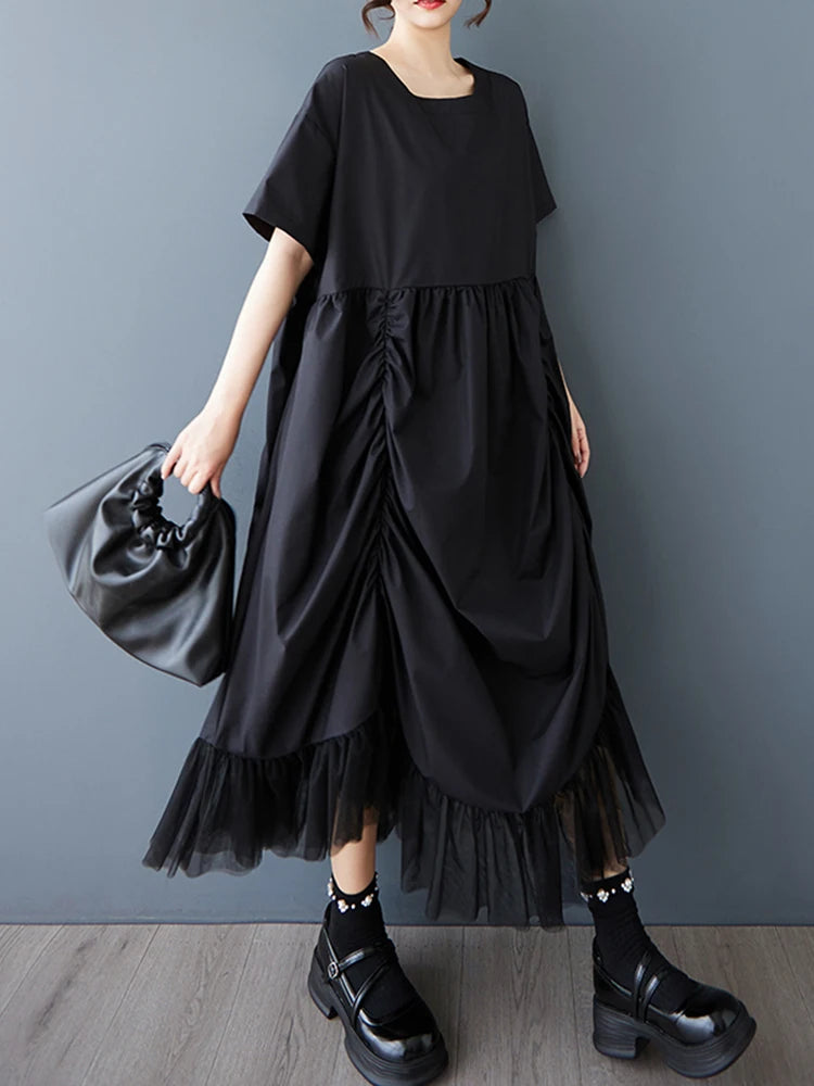 XITAO Loose Folds Female Dress Personality Mesh Irregular Patchwork Women Solid Color Slimming Vintage Pullover Dress ZMY1147