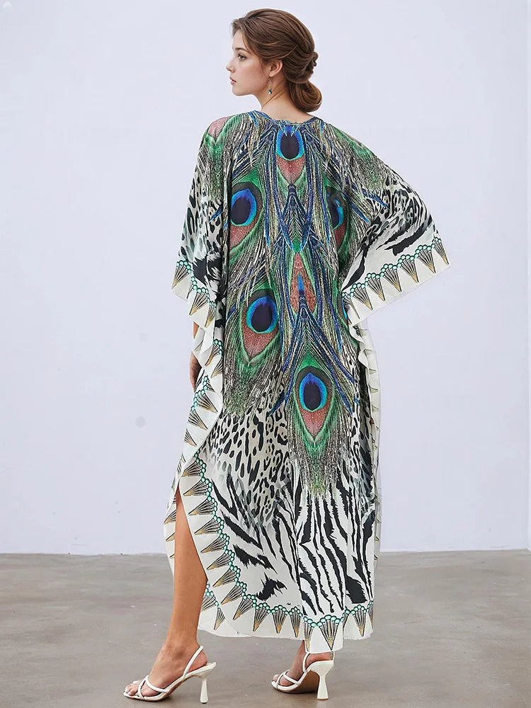 XITAO Female Print Ankle-length Dress Loose Bat Wing Sleeve Contrast Color Fashion Personality V-neck Summer Woman Dress GJ1163