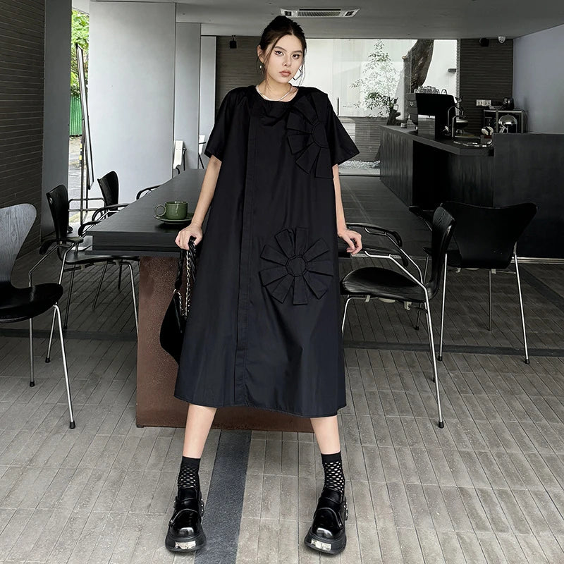 XITAO Three-dimensional Decoration Patchwork Dresses Solid Color O-neck Short Sleeve Pullover Loose Slimming 2024 Summer ZY8827