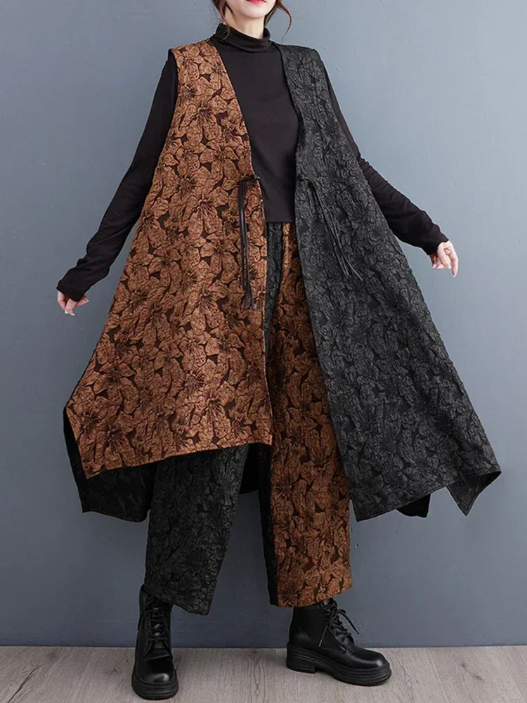 XITAO Vintage Floret Irregular Two Piece Set Personality Contrast Color Patchwork Women New Arrival Trend Vest HQQ1654