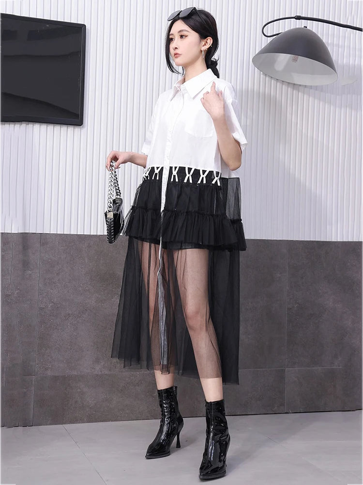 XITAO Patchwork Mesh Contrast Color Dress Casual Loose Fitting Short Sleeve New Single Breasted Summer Women Dress ZMY1072