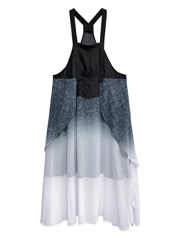 XITAO Gradient Pocket Patchwork Dress Sleeveless Loose Casual Square Collar Slimming Temperament Summer Woman Dress GYX1666
