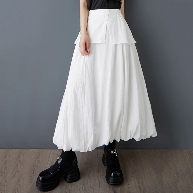 XITAO Bud Button False Two Pieces Skirt Casual Solid Color Elastic Waist Loose Fitting A-line New Summer Women Skirt ZMY1192