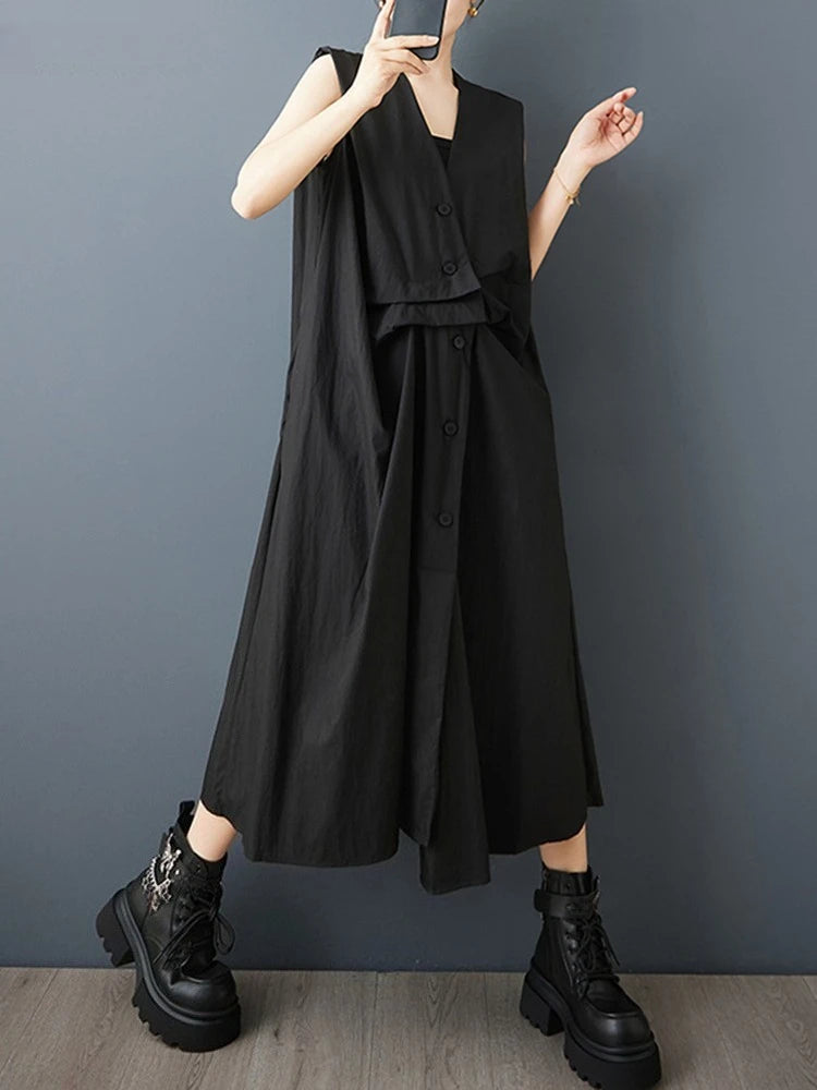 XITAO Solid Color Sleeveless Vintage Dress V-neck Irregular Single Breasted Loose Casual New Arrival Summer Woman Dress ZMY1384