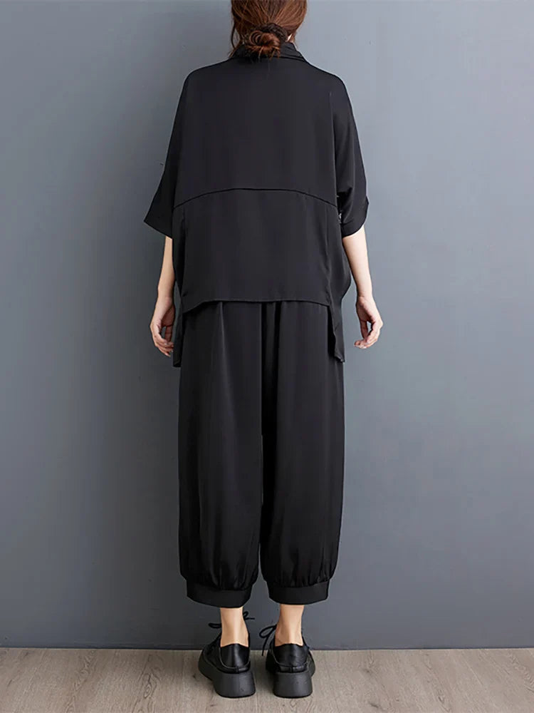 XITAO Asymmetrical Patchwork Pullover Pant Sets Single Breasted Tops Elastic Waist Loose Pants 2024 Summer New Casual ZY8864