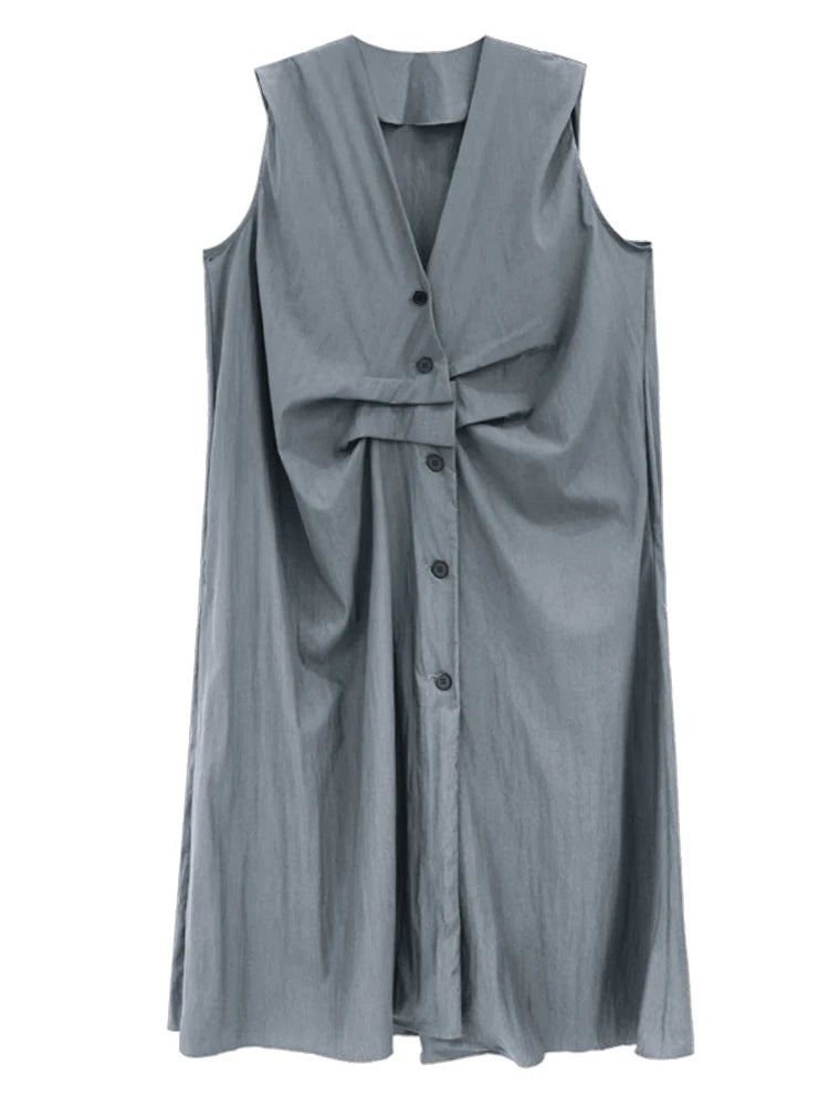 XITAO Women Sleeveless Vintage Dress V-neck Loose Casual Single Breasted Solid Color Slimming Summer Female Dress ZMY1393