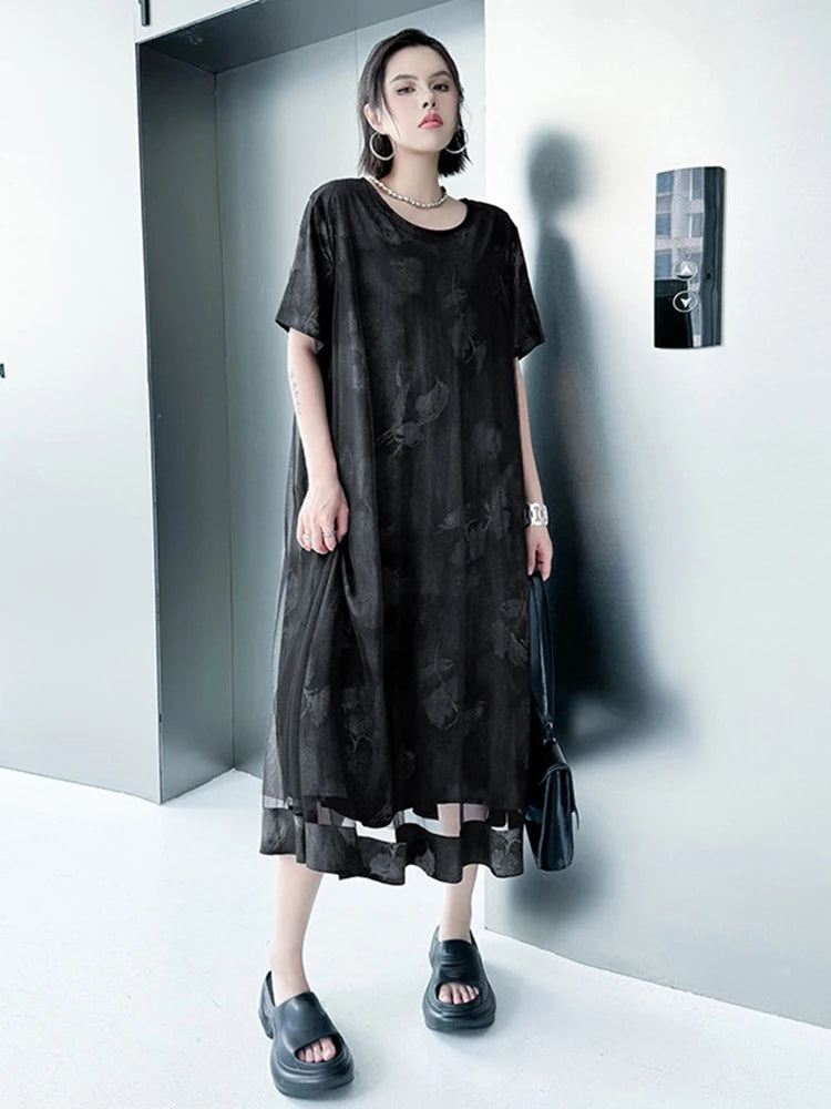 XITAO Print Patchwork Gauze Female Dress Short Sleeve O-neck A-line Loose Elegant Temperament Summer Woman Dress ZMY1239