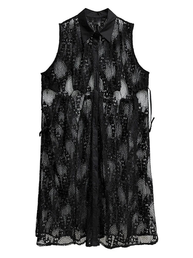 XITAO Lace Patchwork Sleeveless Dress Casual A-line Hollow Out Solid Color New Personality Turn-down Collar Women Dress GYX1661