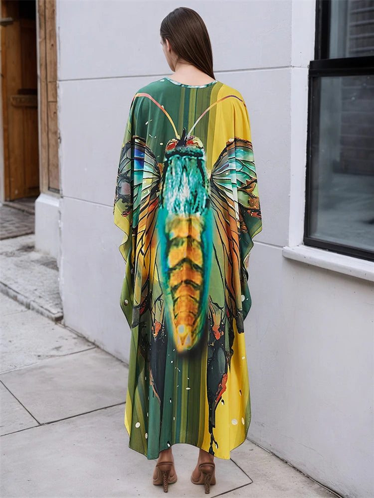 XITAO Butterfly Print Batwing Sleeve Pullover Dress Contrast Color V-neck Loose Temperament Ankle-length Women Dress GJ1144