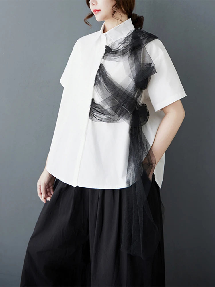 XITAO Patchwork Mesh Turn-down Collar Shirt Casual Solid Color Loose Fitting Vintage Slimming Summer Women Blouse GYX1536