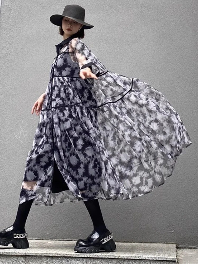 XITAO Mesh Patchwork Print Shirt Dress Loose Single Breasted Women Trend All-match Casual Summer Short Sleeve Dress ZMY1248
