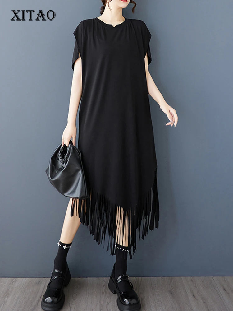XITAO Asymmetrical Tassel Patchwork Women Dress Solid Color O-neck Pullover Short Sleeve Loose Mid-calf Casual Dress ZMY1170