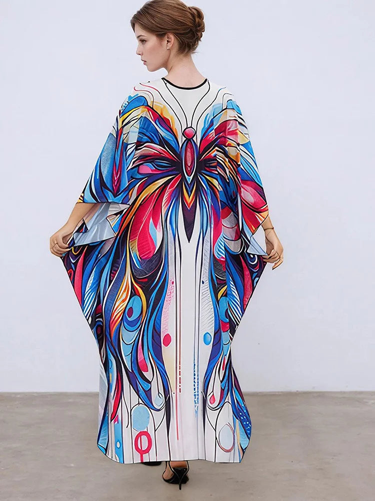 XITAO Contrast Color Print Dress Pullover V-neck Loose Personality Slimming Side Slit Bat Wing Sleeve Summer Woman Dress GJ1155