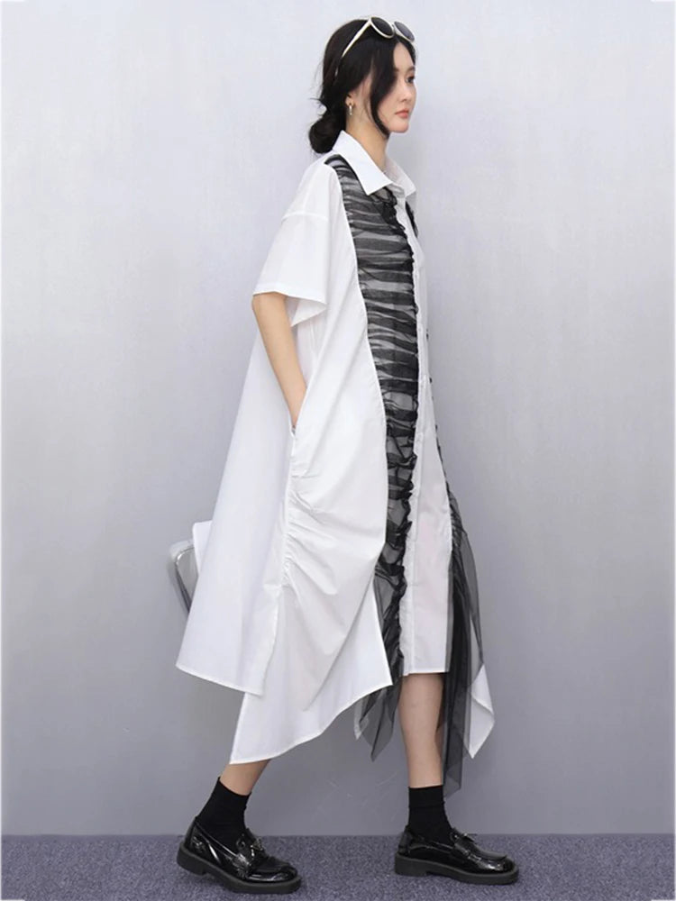 XITAO Irregular Patchwork Lace Mesh Female Dress Contract Color Loose Sweet Pleated Short Sleeve Summer Women Dress GYX1644