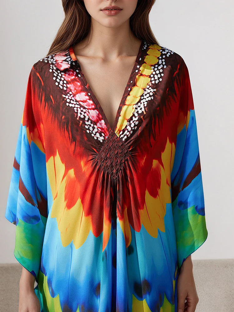 XITAO V-neck Patchwork Printing Dress Summer Thin Female Bat Sleeve Pullover Casual Polyester Women Personality Dress GJ1212