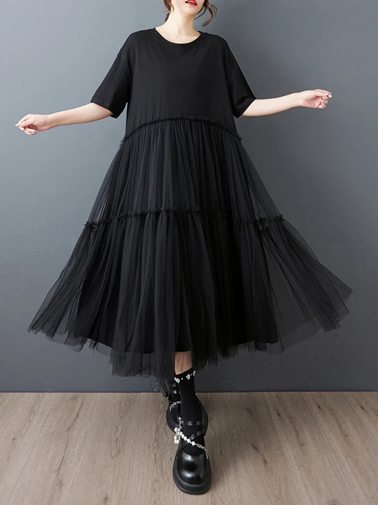 XITAO Gauze Patchwork Pocket Pullover Dress O-neck Short Sleeve Solid Color Loose Temperament Slim Casual All Match Dress ZMY1168