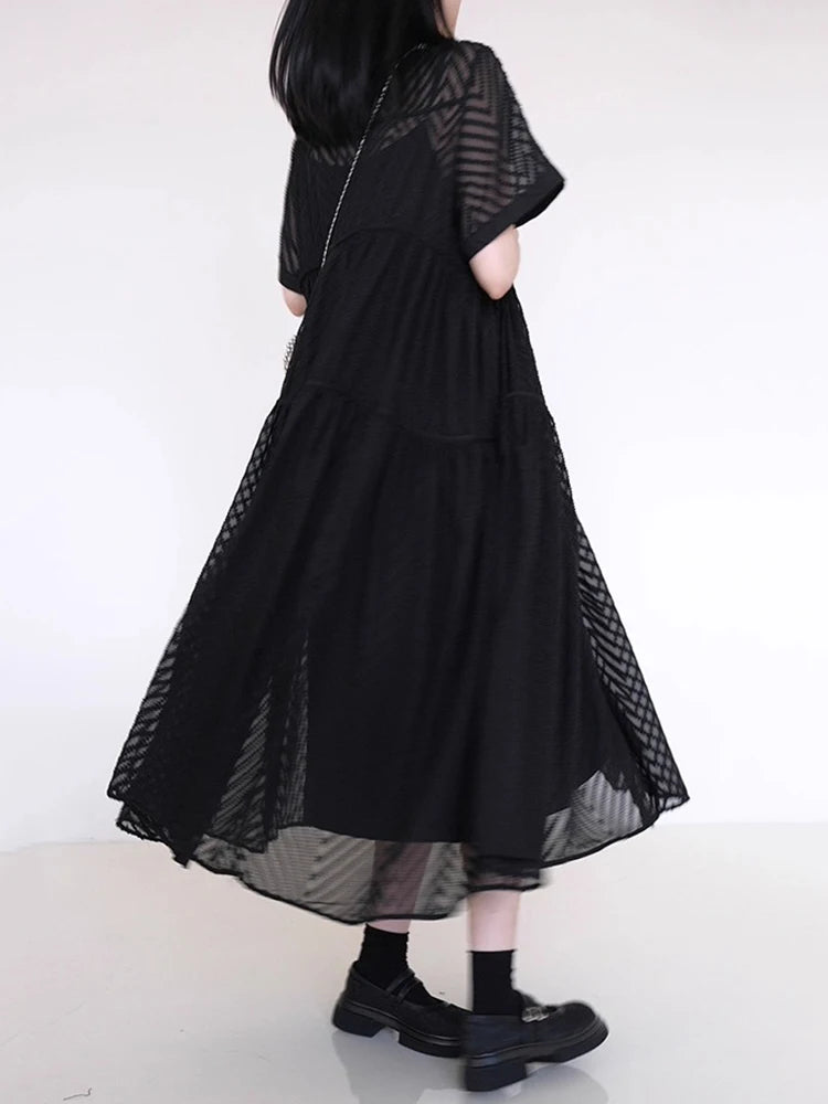XITAO Loose Solid Color Hollow Out Dress Single Breasted Short Sleeve All-match New Arrival Temperament Woman Dress ZMY1261