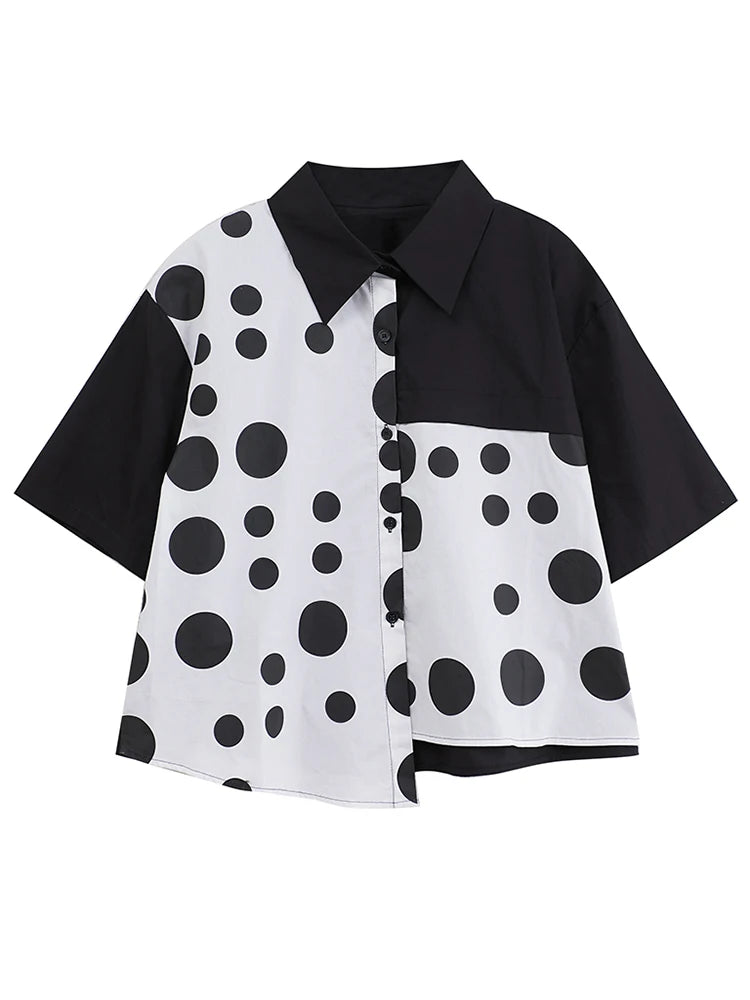 XITAO Patchwork Polka Dot Asymmetric Lapel Shirt Casual Turn-down Collar Short Sleeve Single Breasted Summer Blouse HQQ2453
